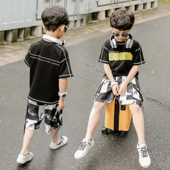 

5-10 years old children's summer new suit boy big boy version of the line ribbon top printed alphabet pants boy two-piece suit