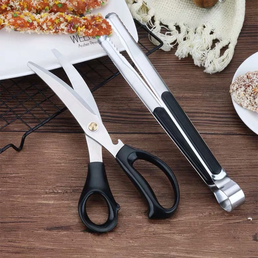 

Stainless Steel Cooking Tools Barbecue Clip Scissors Set Outdoor BBQ Anti-scalding Vegetable Meat Scissors Kitchen Gadgets