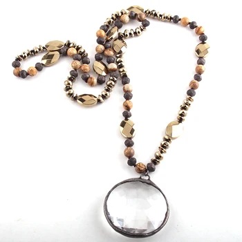 

Fashion Bohemian Tribal Jewelry 8mm Lava/Brown Stone Knotted Glass Drop Pendant Necklaces For Women