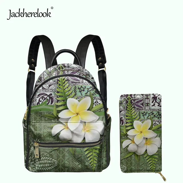 Jackherelook Hawaiian Samoan Polynesian Foral Print Women PU Mini Backpack Clutch Wallet 2pcs/Set Girls Small Campus Schoolbag HTO2455