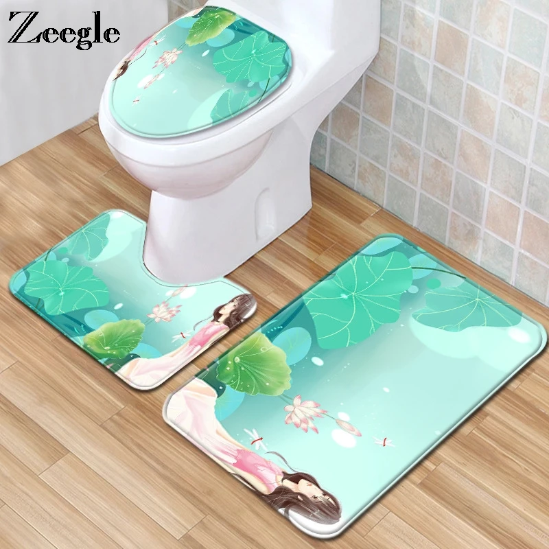 Zeegle 3pcs Bathroom Mat Set Toilet Seat Cover Mat Anti Slip Bathroom Doormat Shower Mat Absorbent Toilet Pedestal Rug Foot Rug