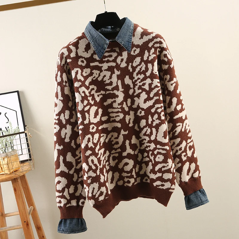 Coffee leopard SHENGPALAE, новинка, Модный осенне-зимний женский пуловер со съемным воротником, полосатый Леопардовый джинсовый свитер с вышивкой, Женский A837 - Цвет: Coffee leopard