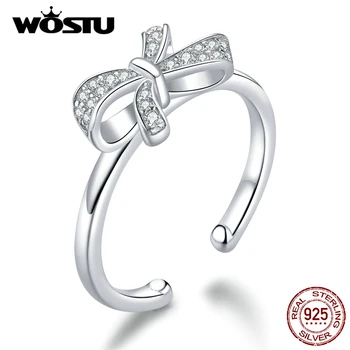 

WOSTU Bow-knot Open Ring 100% 925 Sterling Silver Adjustable Size Bright Zirconia Wedding Love Ring Finger Female Jewelry CQR646
