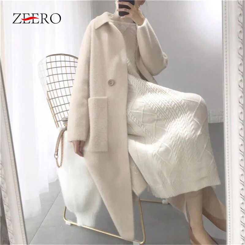 

2019 Autumn Winter Women Fashion Loose Casual Oversize Trench Beige Cashmere Long Cardigan Chic Wool Warm Trench Coats