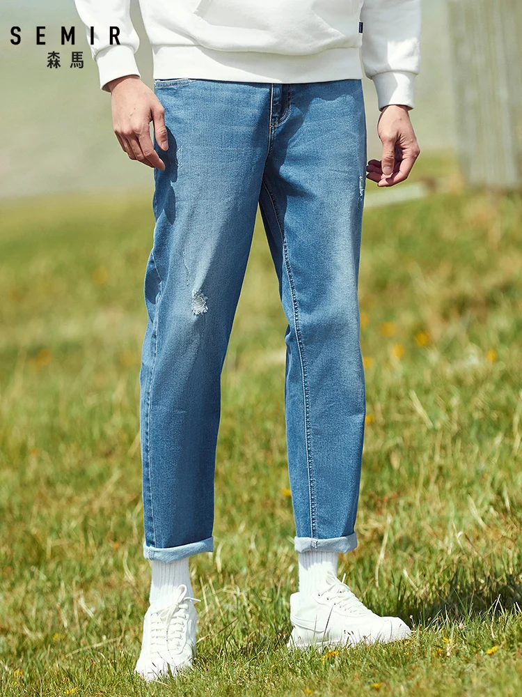 SEMIR джинсы мужские летние тонкие рваные брюки с девятыми точками модные