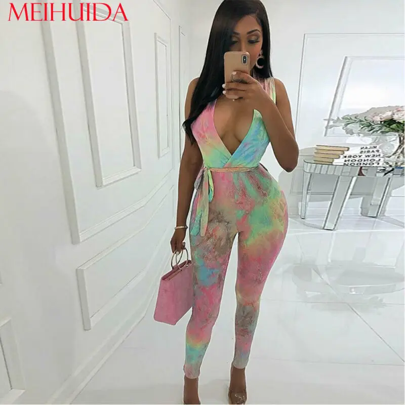 

Sexy Tie-Dye Print Workwear Jumpsuit Women cross V Neck Sashes Elastic Waist Stretchy Long Pencil Pants Bodycon Rompers Summer
