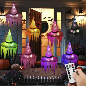 

8 Pcs Halloween Witch Hat With LED Light Glowing Witches Hat Hanging Halloween Decor Suspension Tree Glowing Hat For Kids