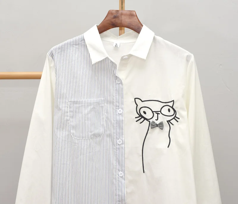 Женская рубашка, модная, с рисунком кота, в полоску, рубашки с длинным рукавом, повседневная, свободная, женская, размера плюс, рубашка миди, с отворотами