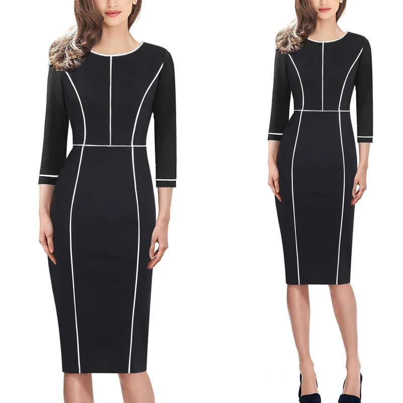 Vfemage Womens Autumn Elegant Colorblock Patchwork Contrast Slim Fit Casual Work Business Office Party Bodycon Pencil Dress 367