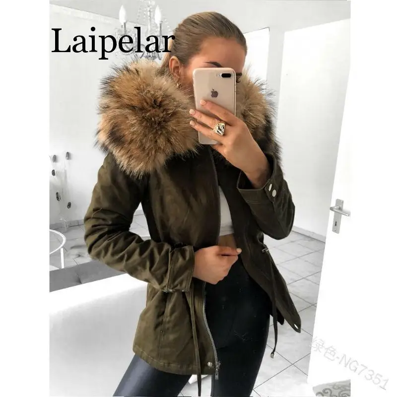 Laipelar, новинка, Женская парка, одноцветная, длинный рукав, мех, с капюшоном, на молнии, тонкая, зимняя, теплая, толстая, повседневная, модная, новинка, женские парки