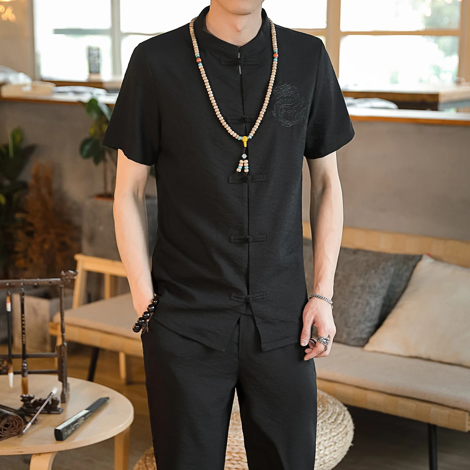 

Chinese-style Summer Thin Section Leisure Suit Men Embroidery Short Sleeve Large Size Trousers Retro Frog Shirt Set