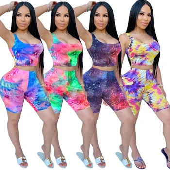 

Fashion Women's Tie-dye Printed Casual Sports Two Piece Set Summer Short Vest Five Points Biker Shorts Plus Size Tracksuit