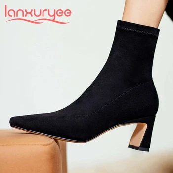 

Lanxuryee small square toe high heel winter shoes keep warm European style mature lady elegant fashion slip on ankle boots L97