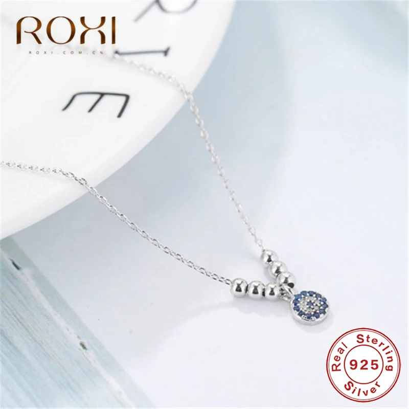 ROXI, 925 пробы, серебряное ожерелье с турецким глазом для женщин, голубой Фианит, кристалл сглаза, ожерелье, подвеска, изящная цепочка на шею