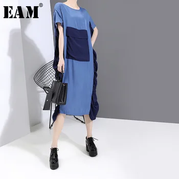 

[EAM] Women Blue Big Pocket Split Big Size Long Dress New Round Neck Short Sleeve Loose Fit Fashion Spring Summer 2020 1W336