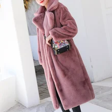 Женское плотное высококачественное пальто из искусственного кроличьего меха, зимнее роскошное длинное меховое пальто, Свободное пальто с отворотом размера плюс, теплое женское плюшевое пальто