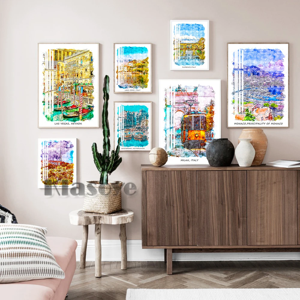 

Modern Minimalist Travel City Landscape Art Prints Poster Scenery Watercolor Wall Hanging Stickers Canvas Painting Home Decor