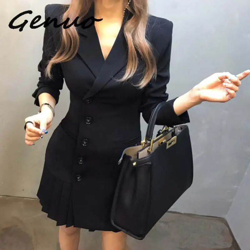Gnuo Новый 2019 Для женщин в Корейском стиле для офиса, женские, облегающие v-образный вырез Блейзер Для женщин двубортный Сексуальная