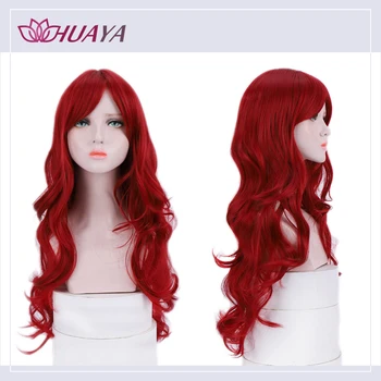 

HUAYA Long Water Wavy Wigs with Bangs High Temperature Fiber Synthetic Red Wig African American Halloween Party Cosplay Wig