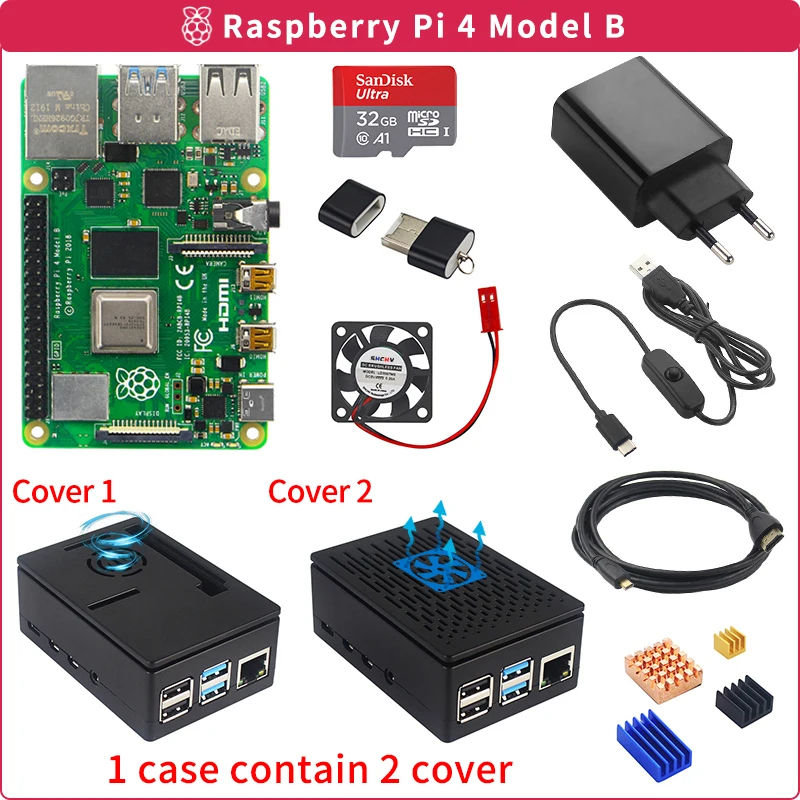 Raspberry Pi 4 Model B 2GB/4GB Kit Board + Power Adapter + Case Box + 32/64GB SD Card + HDMI Cable + Heatsink for Raspberry Pi 4 afbeelding