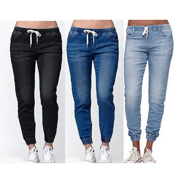 

Black Light Blue Jeans Lace-up Feet Lantern Denim Pants Women Denim Casual jeams loose and casual Dark Blue