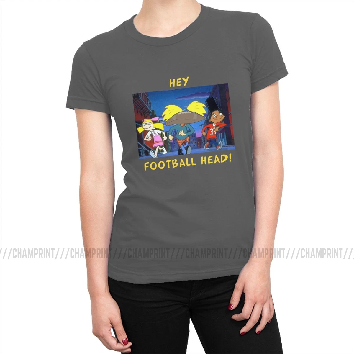 Женские футболки Hey Arnold football Head 90s с героями мультфильмов Джералд Адамс Helga, модные хлопковые топы, футболки, Корейская женская одежда - Цвет: Темно-серый