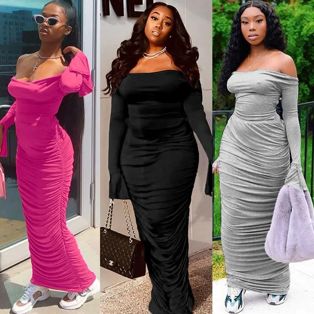 

Brand New Women's Dresses Frill Off Shoulder Slim Long Dress Slash Neck Evening Party Bodycon Ruffles Solid Backless Hot 2019