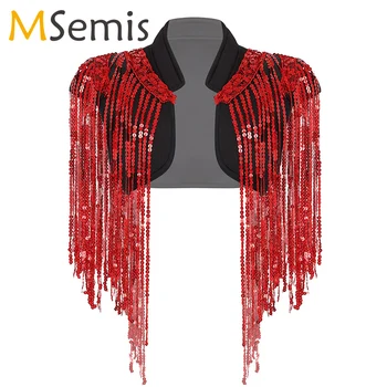 

Women Hip-hop Jazz Dance costume Stand Collar Sleeveless Open Front Sparkle Sequin Tassels Cropped Vest Waistcoat sequin costume