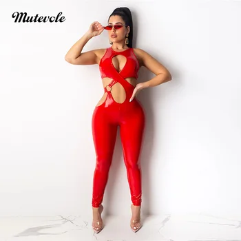 

Mutevole Sexy Full Length Pu Leather Party Jumpsuit Women Sleeveless Skinny Jumpsuit Clubwear Fashion O Neck Hollow Out Jumpsuit