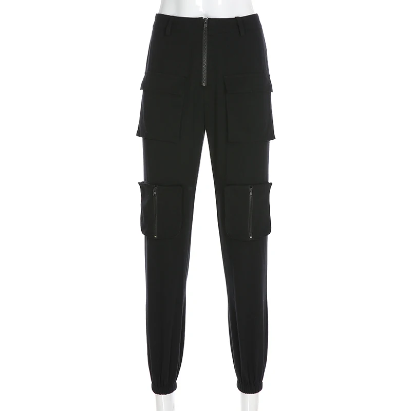 Повседневные черные брюки с высокой талией Капри Harajuku панк женские брюки Модные уличные женские брюки-Карго карманы cuteandpsycho