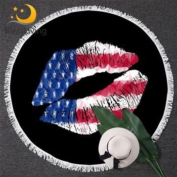 

BlessLiving Stylish Lips Bath Towel American Flag Beach Towel Round Golden Glitter Microfiber Towel Decor Trendy Chic Beach Mat