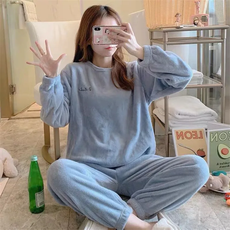 

2 Pieces Winter Women Thicken Warm Soft Pajamas Female Flannel Set Long Sleeve Sleepwear for Girls Ladies Pyjama