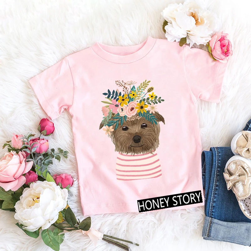 Cute Flower Horse/Penguin/Dog/Fox/Bear/Alpaca/Flamingo/Owl/Pig Animal Print T-shirts for Girls Funny Kids T shirt Girl Clothes couple t shirt T-Shirts