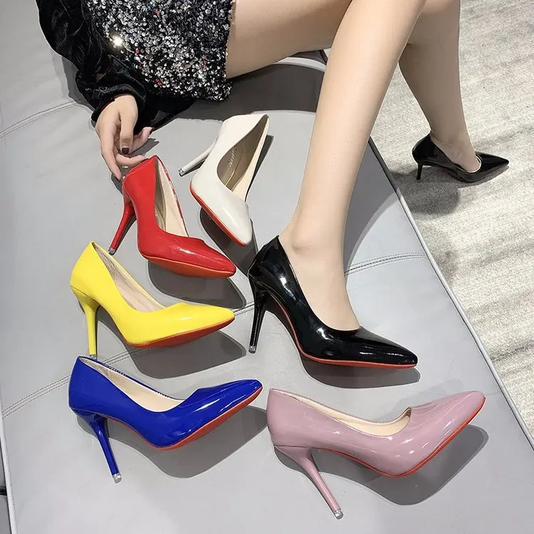 Zapatos de tacón con punta en pico para mujer, tacones femeninos de 10cm, Stilettos básicos de colores amarillos, sin cordones, altos, dw4