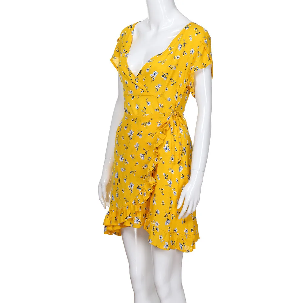 Богемное женское осеннее желтое платье, повседневное, короткий рукав, v-образный вырез, облегающее, желтое, для вечеринки, с принтом, короткое мини-платье# L20