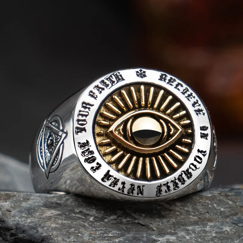 New S925 Silver Jewelry Devil's Eye Men's Ring Mesh Red Vintage Punk Style Men's Fashion Silver Ring