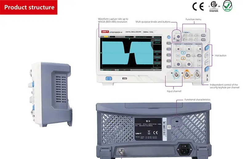 UNI-T UTD2102CEX-II цифровой запоминающий осциллограф 2 Каналы 1GS/s 100 МГц полоса пропускания 800x480 гироборд с колесами 8 дюймов TFT Дисплей USB-OTG Интерфейс