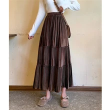 Женская плиссированная винтажная юбка с высокой талией, Женская Весенняя расклешенная Повседневная Длинная юбка выше колена, новинка, Корейская многослойная юбка