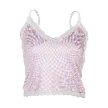 

ArtSu Lace Checkered Camis Top Women Summer V Neck Sleeveless Sexy Crop Tops Tees Plaid Backless Spaghetti Strap Top ASVE28032