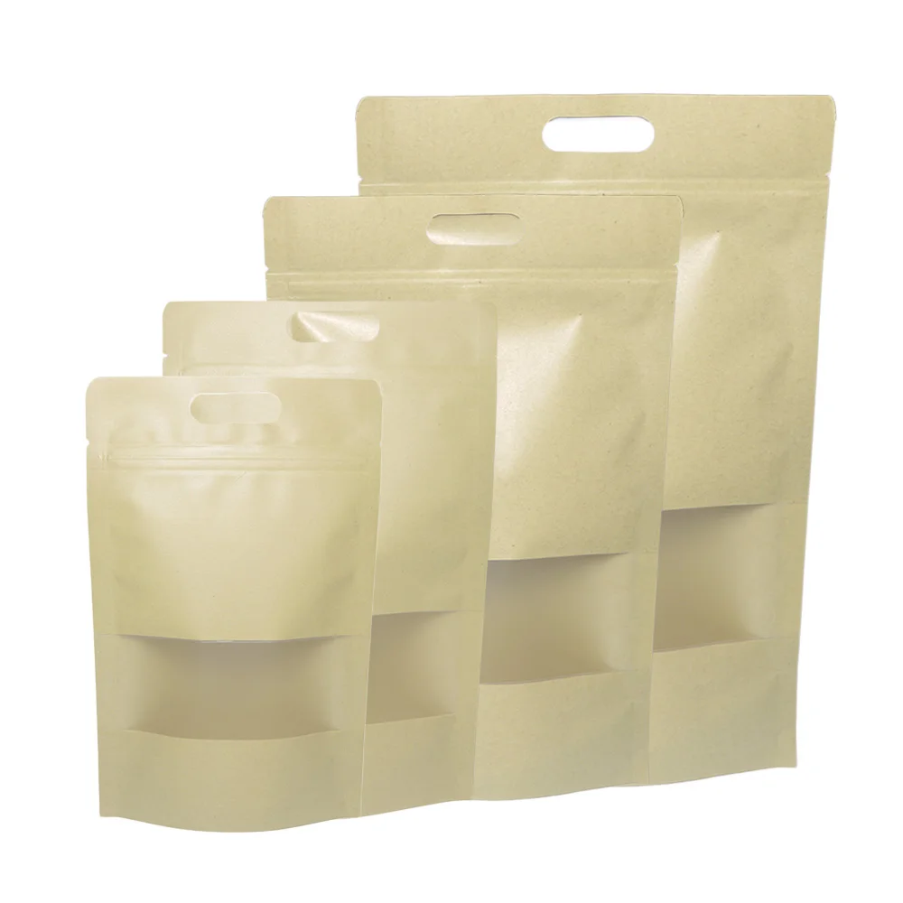 

Eco-friendly Ziplock Bags Kraft Paper Storage Bags Stand Up Snack Pouches Sustainable Use Plastic Bags With Transparent Window