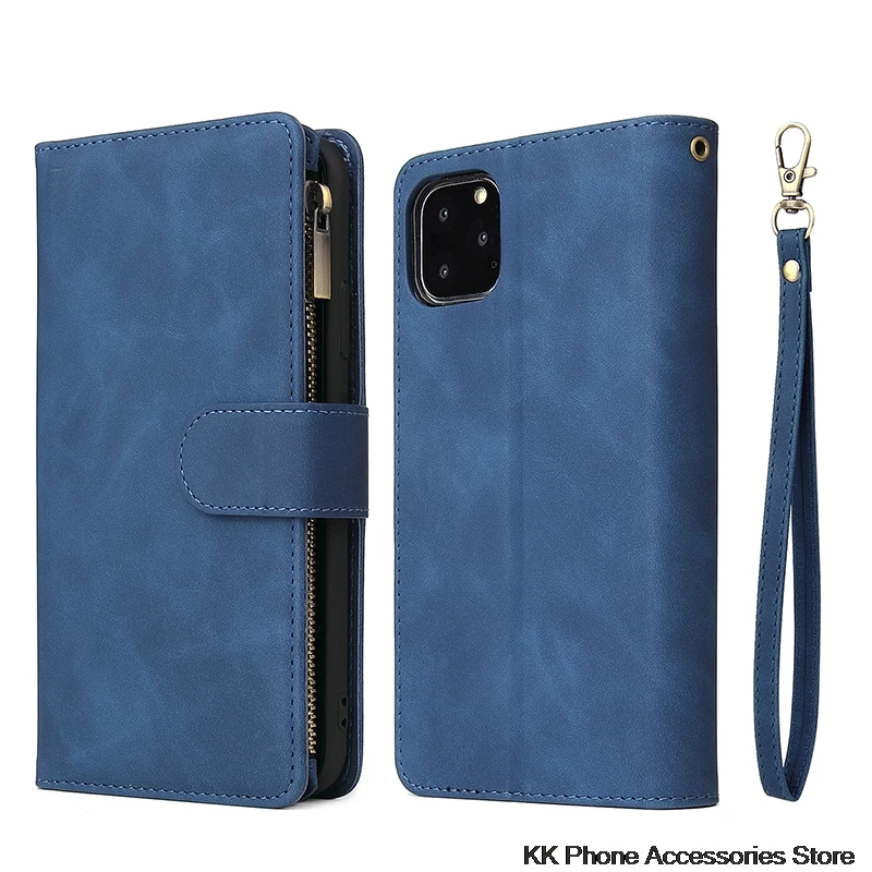 Многофункциональный кошелек на молнии чехол для iPhone 6 6s 7 8 Plus X 10 XR XS Max откидной кожаный чехол для iPhone 11 Pro Max чехлы для телефонов - Цвет: Blue