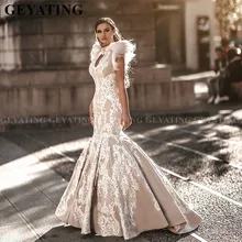 Арабское шампанское кружево Русалка свадебное платье Высокая шея Замочная скважина открытая спина Турция Свадебное женское платье Дубай платья невесты