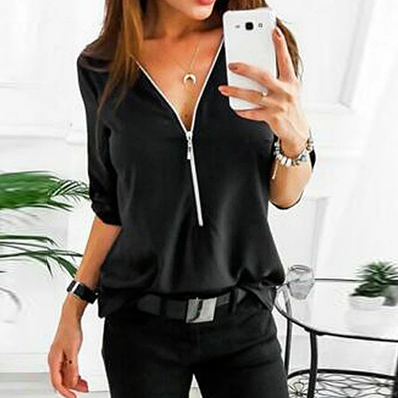 Ladies S-5XL Casual 3/4 Sleeve Tunic Tee Plus Size Elegant Beauty T Shirt Summer Women Solid V-neck Zipper Tops Multicolor