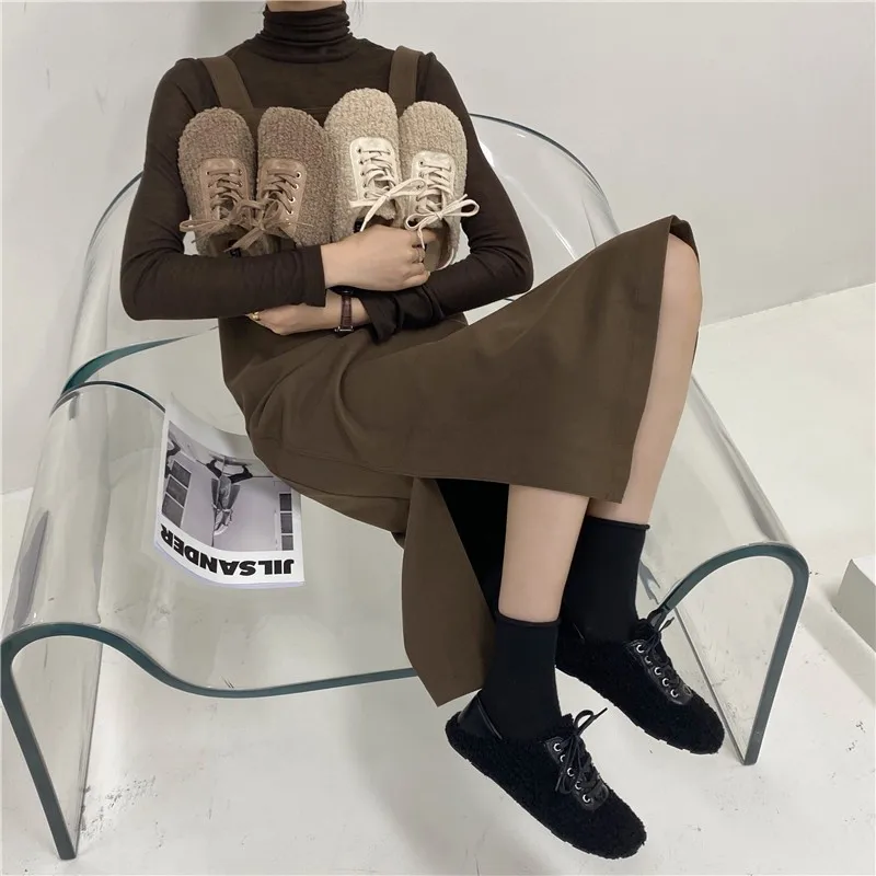 

Korean style lace-up single shoes fashion autumn and winter new style plus velvet platform lamb wool women's shoes