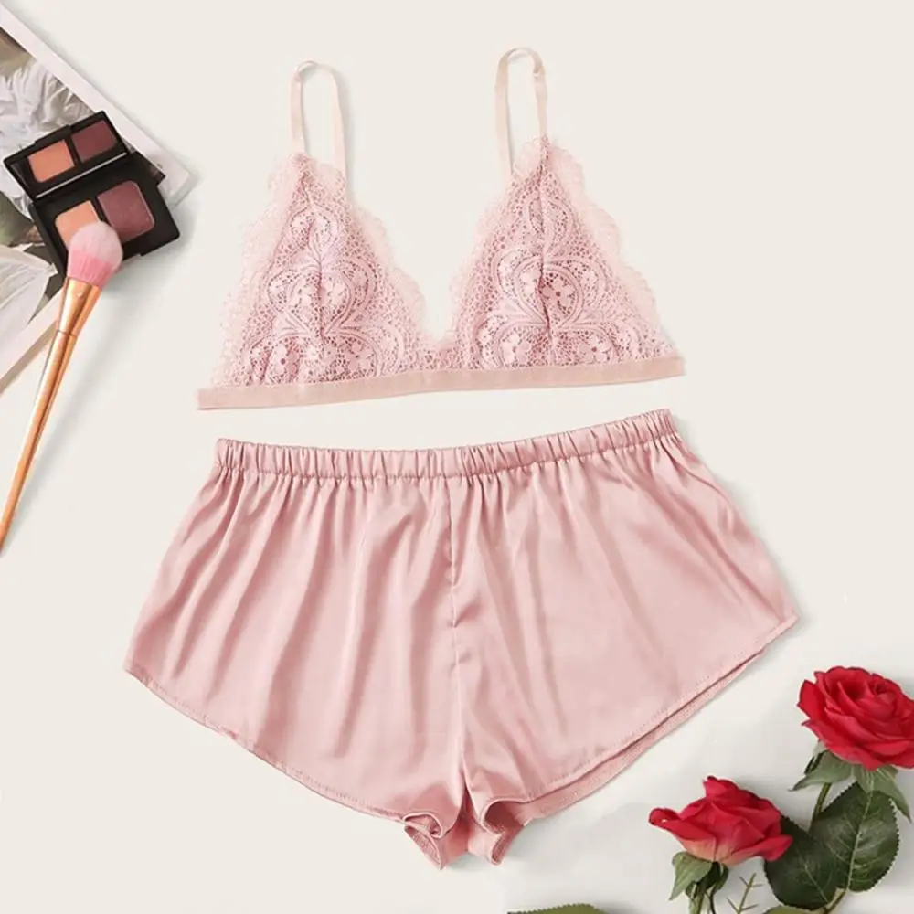 

Women Sleepwear Set Sexy Lace Bra Satin Shorts Lace Backless Camisole Shorts Lingerie Nightwear Set Pajamas Koronkowa Pizama E