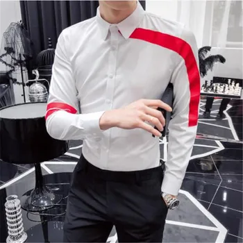 

High Quality Men Shirt Brand Men Clothes 2019 Long Sleeve Shirt Men Slim Fit Casual Ribbon Design Mens Shirts Dress Prom Tuxedo