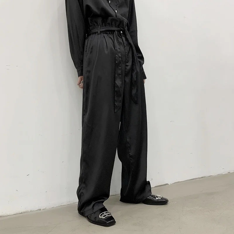 2021 High Waist Belt Silk Style Loose Casual Wide Leg Pant Male Vintage Fashion Harem Trousers Retro Pants 2021new men pants plaid loose comfortable retro casual elastic waist chic wide leg trousers fashion streetwear korean style pant