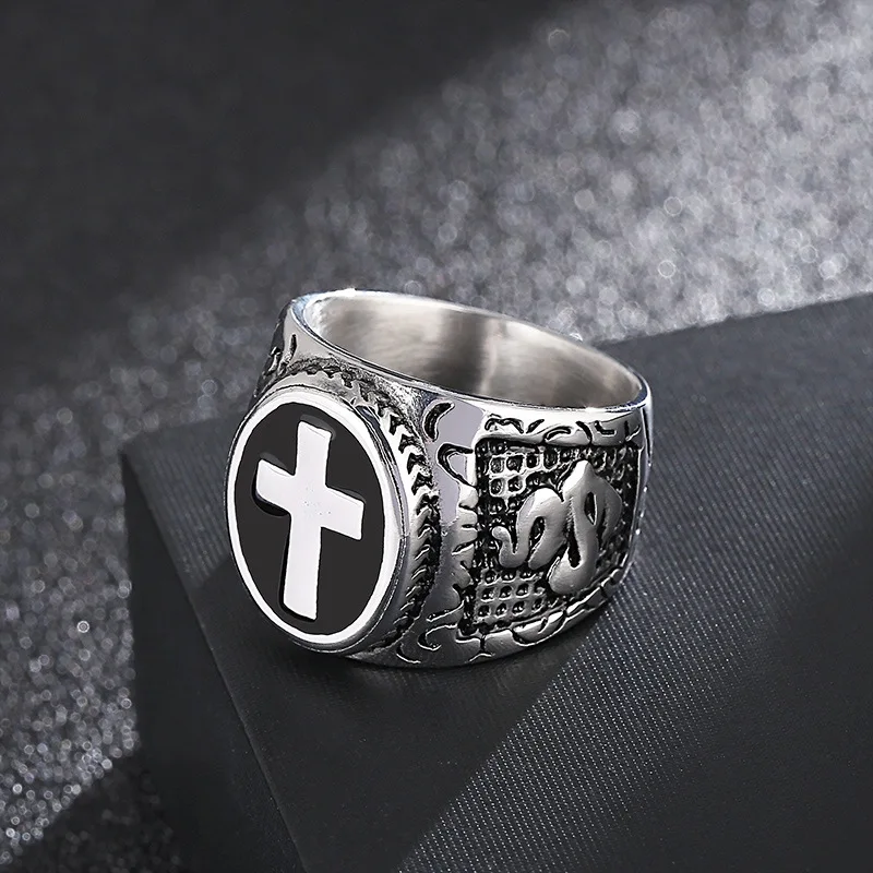 

Religious stainless steel finger popular retro totem cross punk style titanium steel men's ring