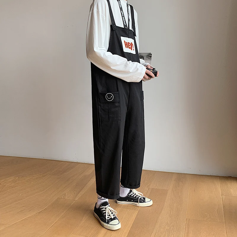 2020 New Fashion Men's Bib Overalls Loose Pant Solid Color Casual Korean Style Man Black Khaki Jumpsuits Rompers Ankle-Length