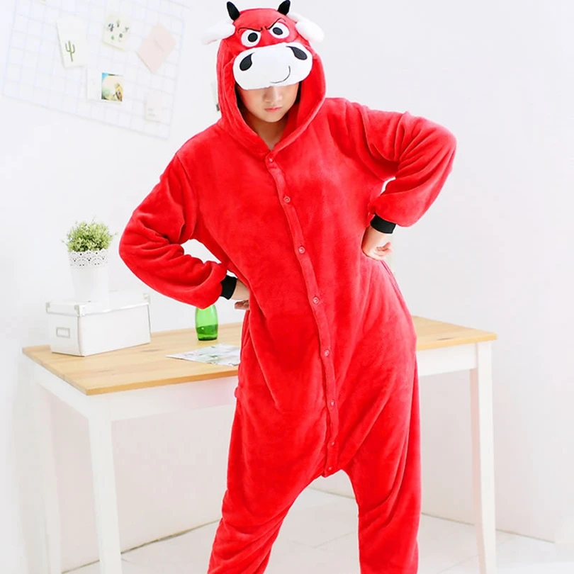 

Kigurumi Bull OX Costume Kids Pajama Adult Animal Onesie Women Men Hooded Kegurumi Sleepwear Flannel Pijamas